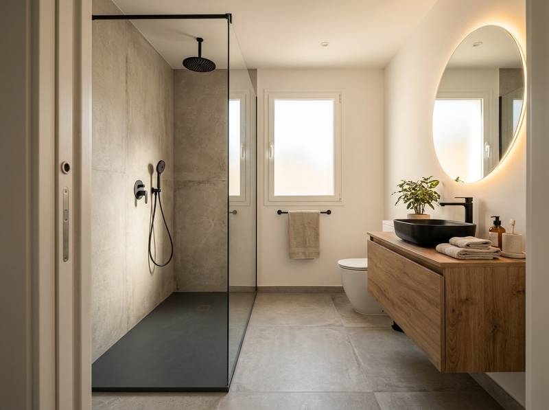 Baño suite con ducha de obra y plato extraplano, Cabo de las Huertas